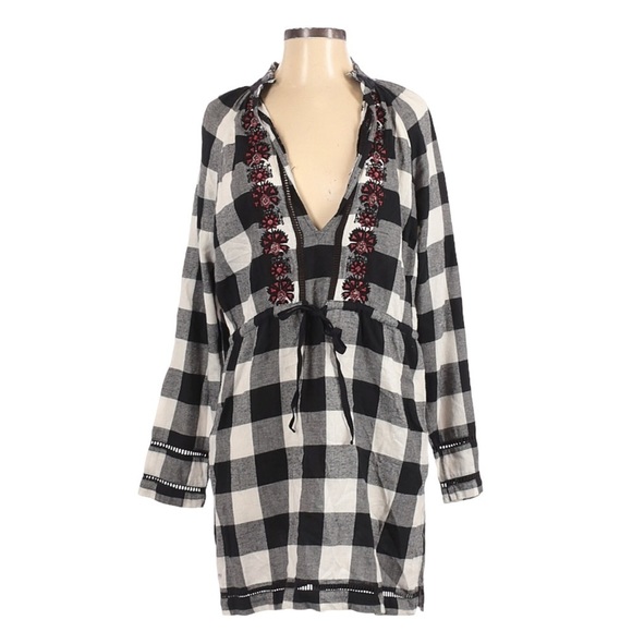 Christophe Sauvat Embroidered Black Check Tunic Dress Size S Relaxed Tie Waist - Picture 1 of 9